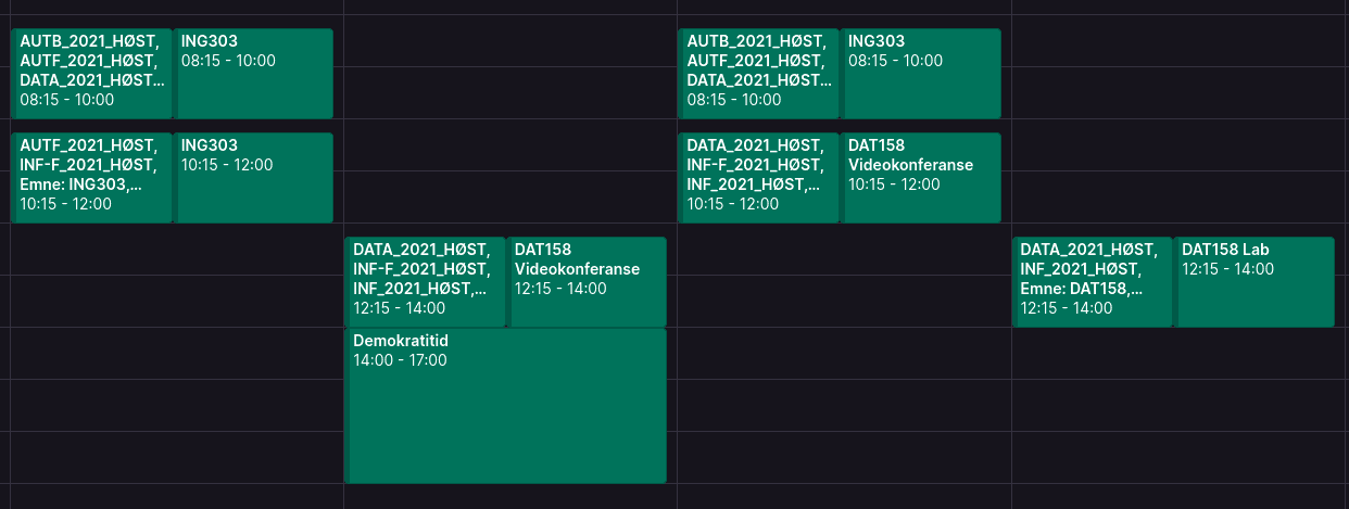 En kalender før og etter APIet har blitt brukt. Venstre side er før, høyre etter.